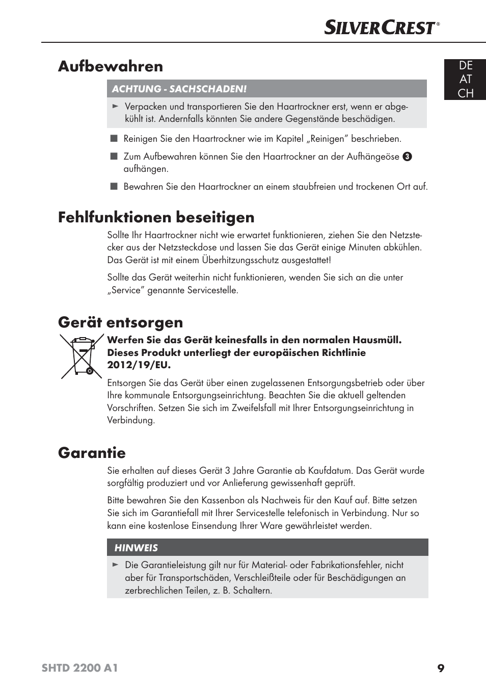Aufbewahren, Fehlfunktionen beseitigen, Gerät entsorgen | Garantie | Silvercrest SHTD 2200 A1 User Manual | Page 12 / 44