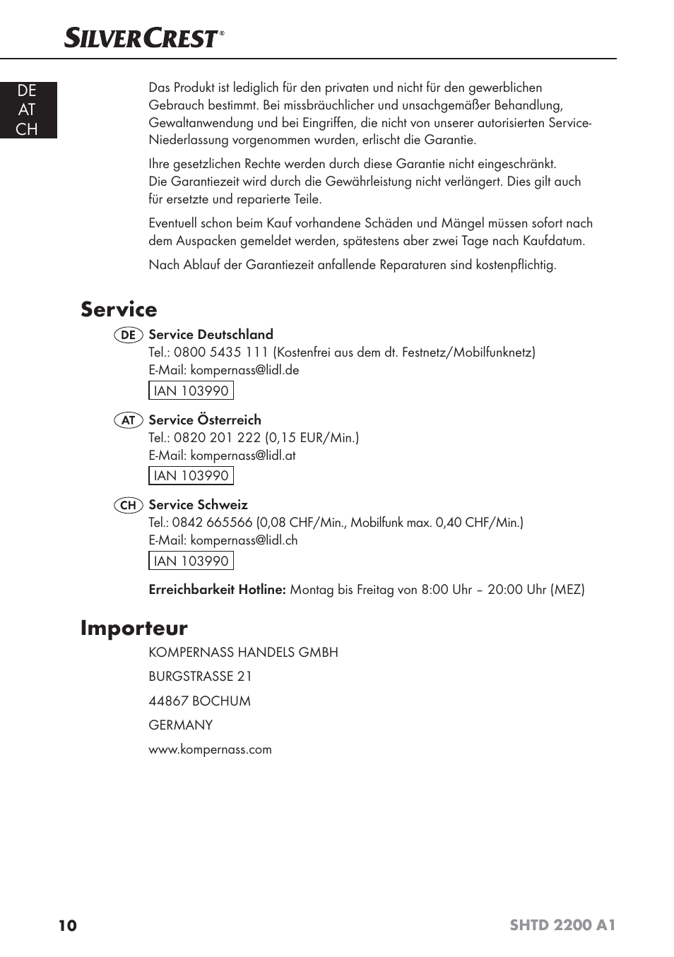 Service, Importeur | Silvercrest SHTD 2200 A1 User Manual | Page 13 / 44