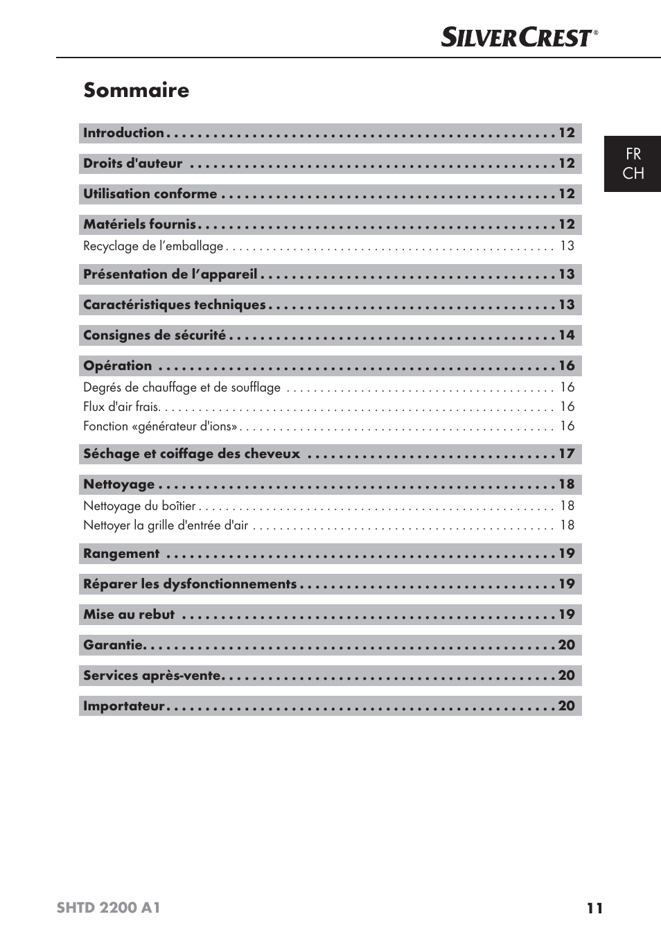 Sommaire, Fr ch | Silvercrest SHTD 2200 A1 User Manual | Page 14 / 44