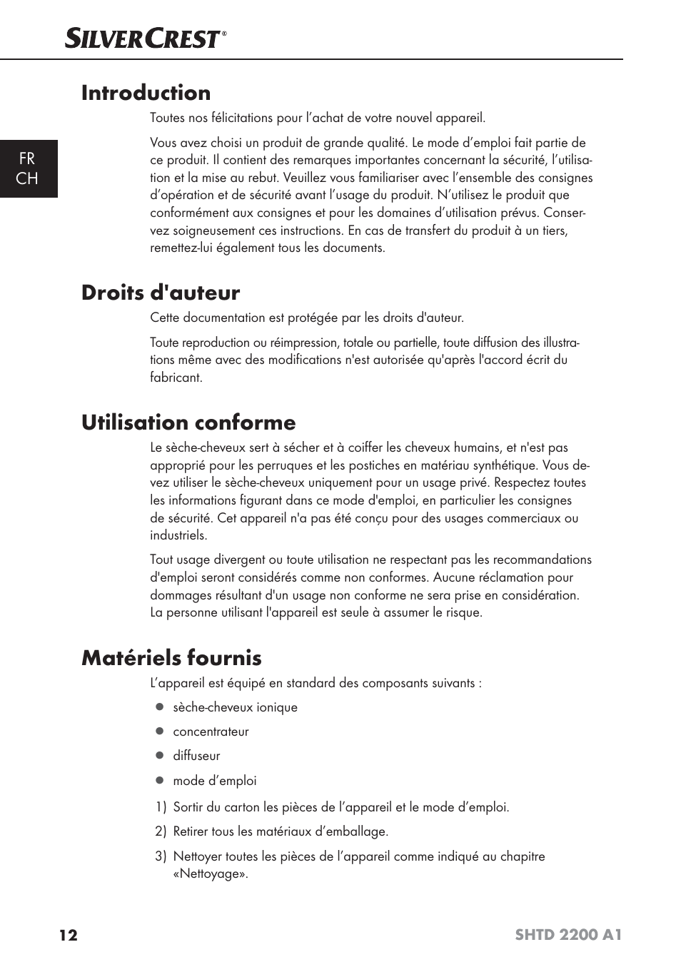 Introduction, Droits d'auteur, Utilisation conforme | Matériels fournis | Silvercrest SHTD 2200 A1 User Manual | Page 15 / 44