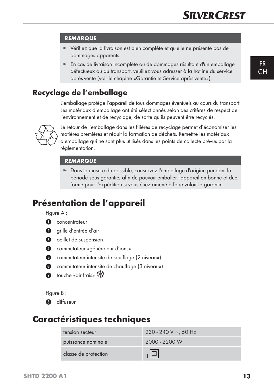 Présentation de l’appareil, Caractéristiques techniques, Recyclage de l’emballage | Silvercrest SHTD 2200 A1 User Manual | Page 16 / 44