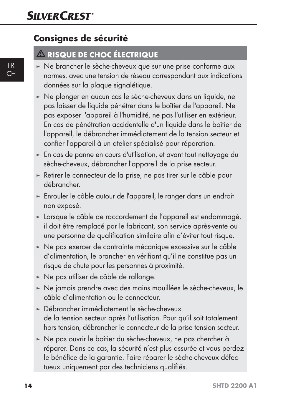 Consignes de sécurité, Risque de choc électrique, Ne pas utiliser de câble de rallonge | Silvercrest SHTD 2200 A1 User Manual | Page 17 / 44
