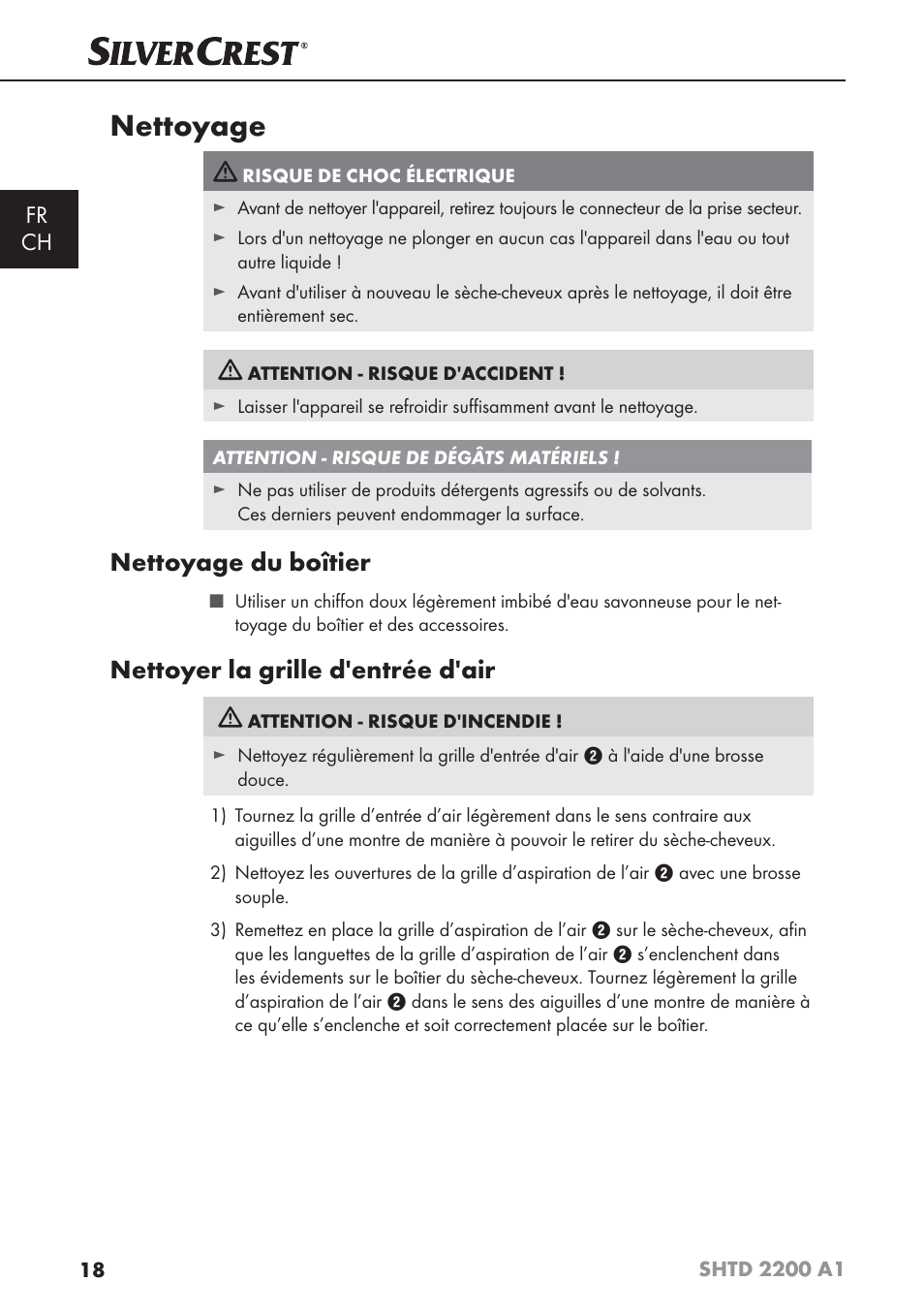 Nettoyage, Nettoyage du boîtier, Nettoyer la grille d'entrée d'air | Fr ch | Silvercrest SHTD 2200 A1 User Manual | Page 21 / 44