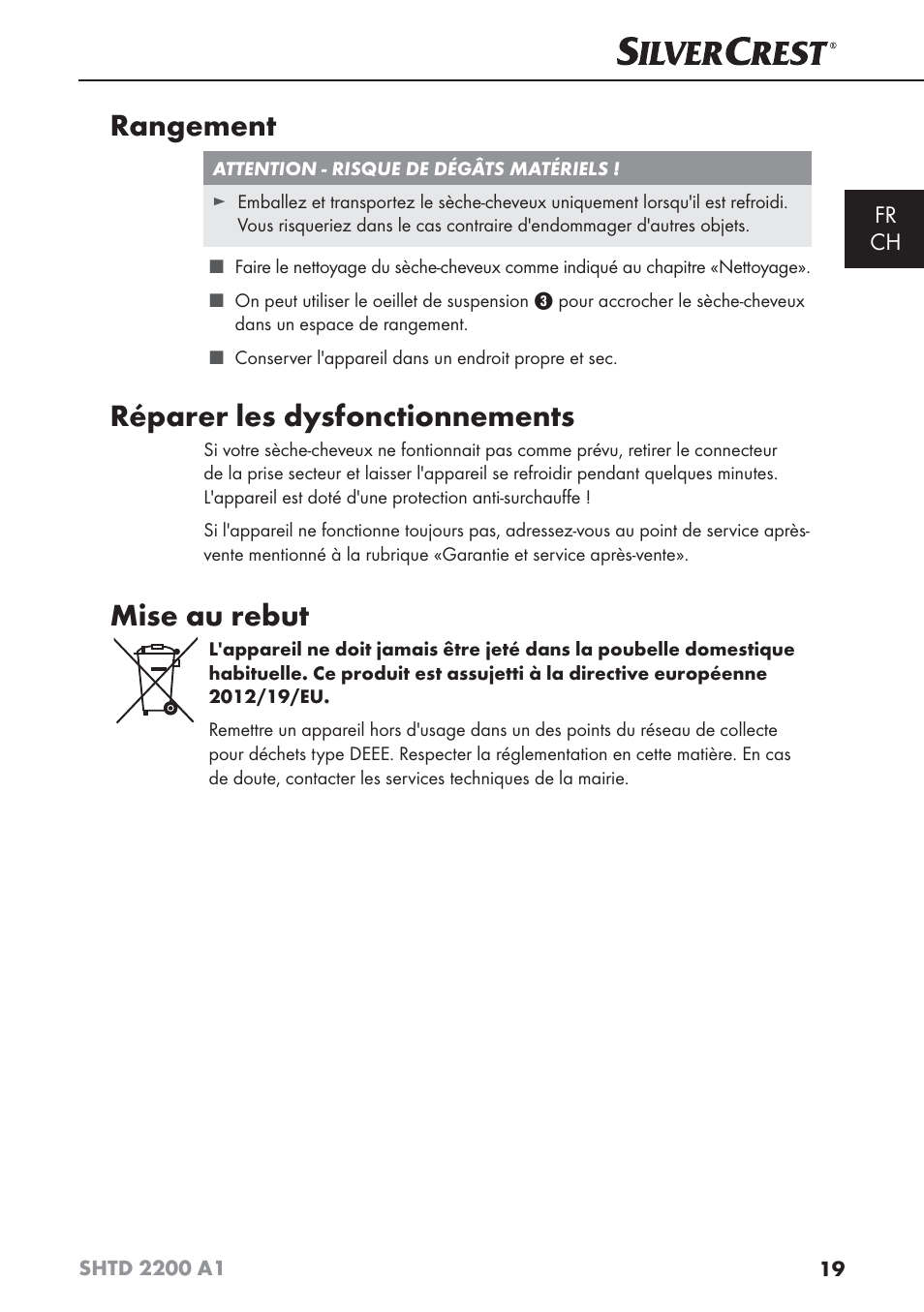 Rangement, Réparer les dysfonctionnements, Mise au rebut | Silvercrest SHTD 2200 A1 User Manual | Page 22 / 44