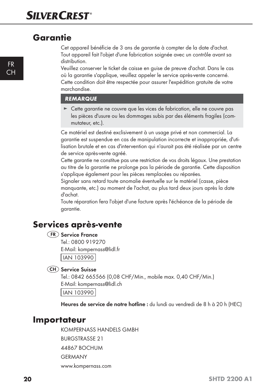 Garantie, Services après-vente, Importateur | Silvercrest SHTD 2200 A1 User Manual | Page 23 / 44