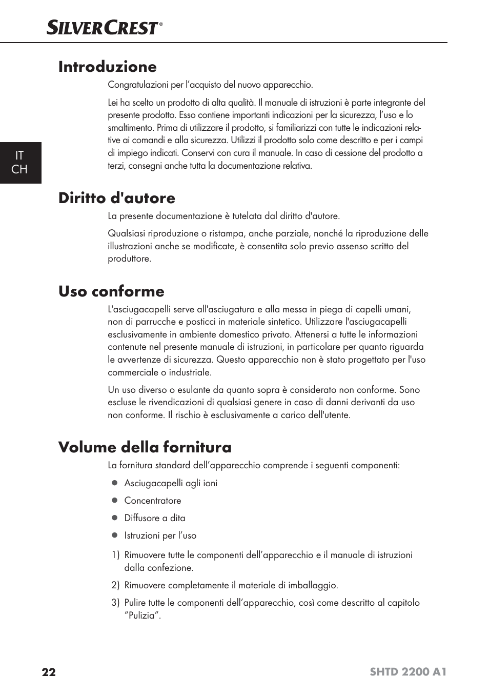 Introduzione, Diritto d'autore, Uso conforme | Volume della fornitura | Silvercrest SHTD 2200 A1 User Manual | Page 25 / 44