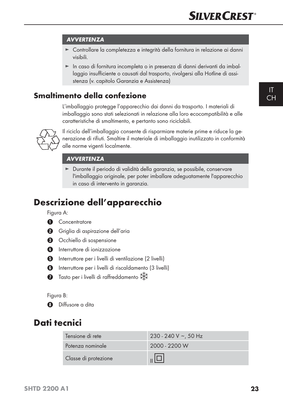 Descrizione dell’apparecchio, Dati tecnici, Smaltimento della confezione | Silvercrest SHTD 2200 A1 User Manual | Page 26 / 44