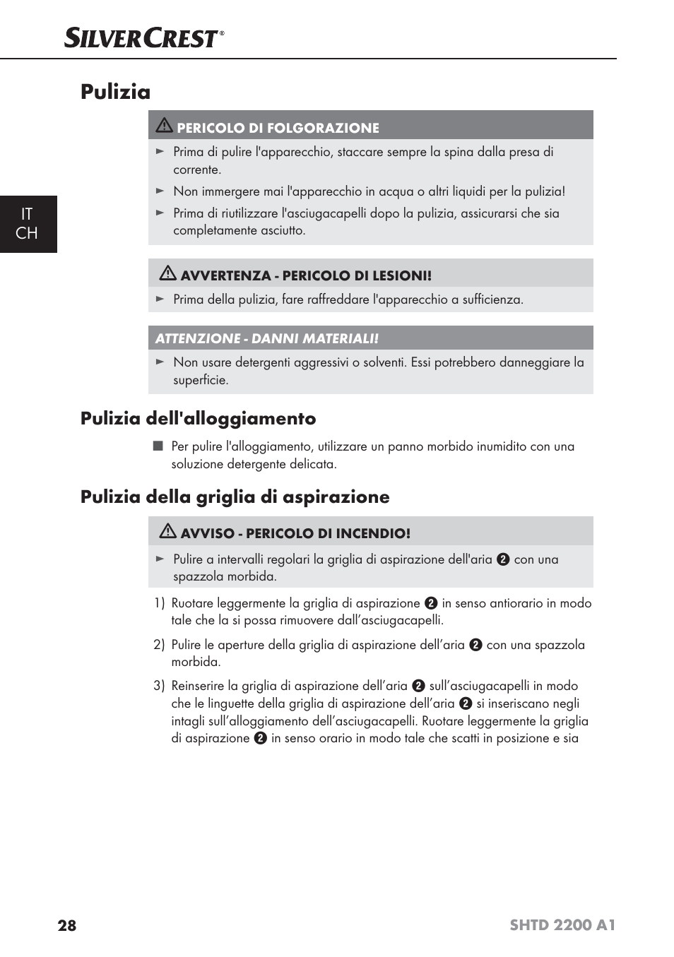 Pulizia, Pulizia dell'alloggiamento, Pulizia della griglia di aspirazione | It ch | Silvercrest SHTD 2200 A1 User Manual | Page 31 / 44