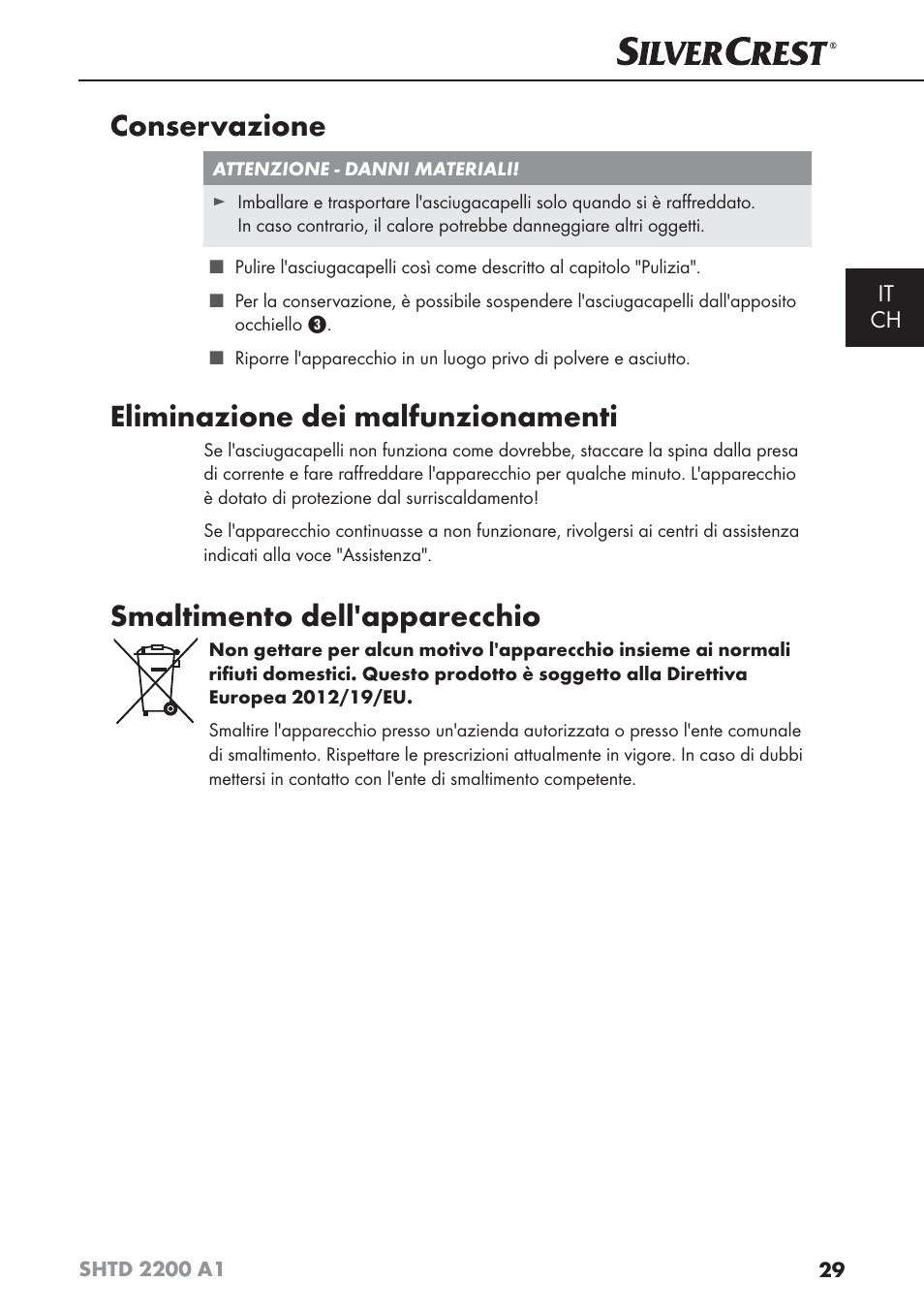 Conservazione, Eliminazione dei malfunzionamenti, Smaltimento dell'apparecchio | Silvercrest SHTD 2200 A1 User Manual | Page 32 / 44