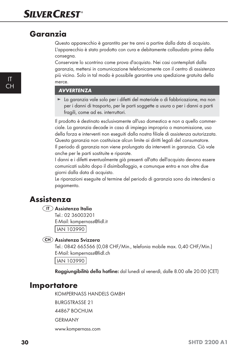 Garanzia, Assistenza, Importatore | Silvercrest SHTD 2200 A1 User Manual | Page 33 / 44