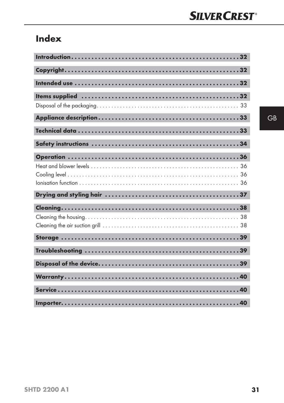 Index | Silvercrest SHTD 2200 A1 User Manual | Page 34 / 44