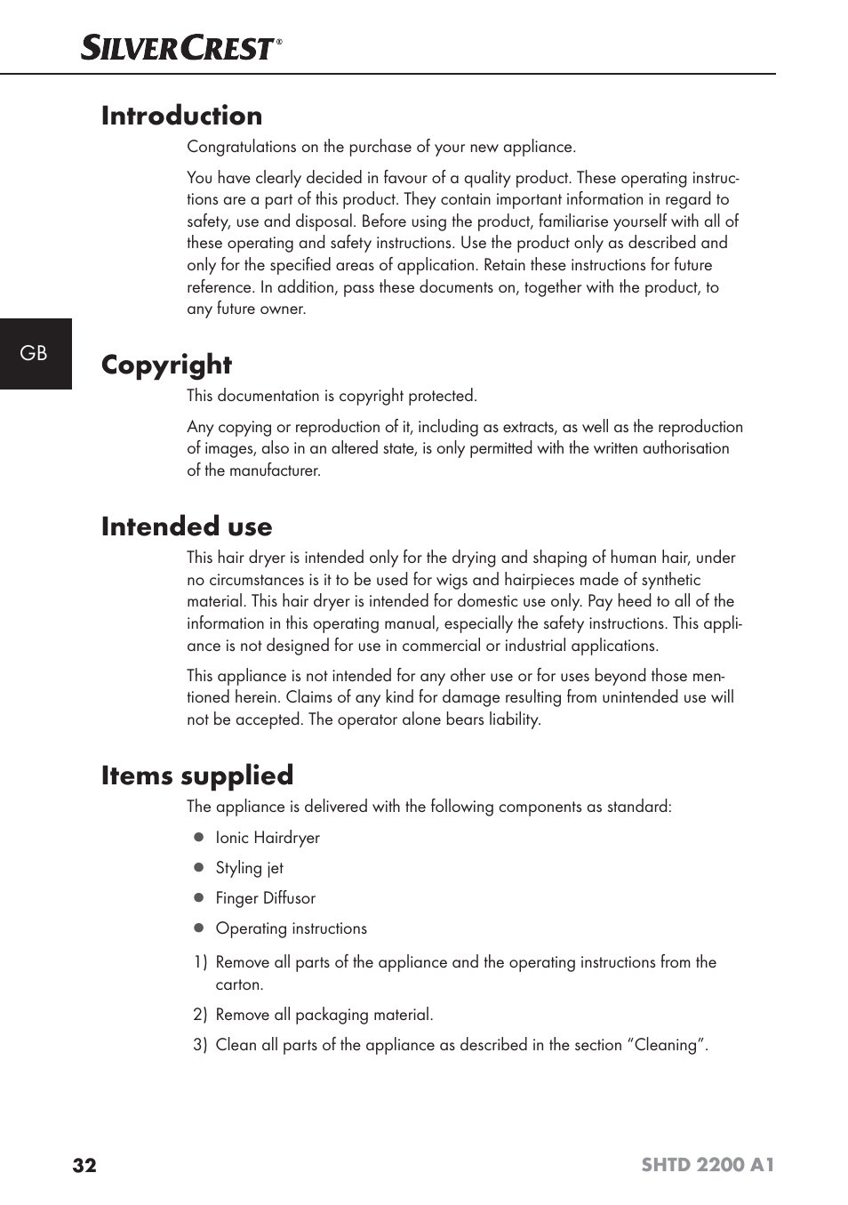 Introduction, Copyright, Intended use | Items supplied | Silvercrest SHTD 2200 A1 User Manual | Page 35 / 44