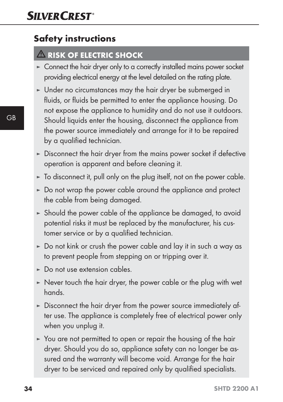 Safety instructions, Risk of electric shock, Do not use extension cables | Silvercrest SHTD 2200 A1 User Manual | Page 37 / 44
