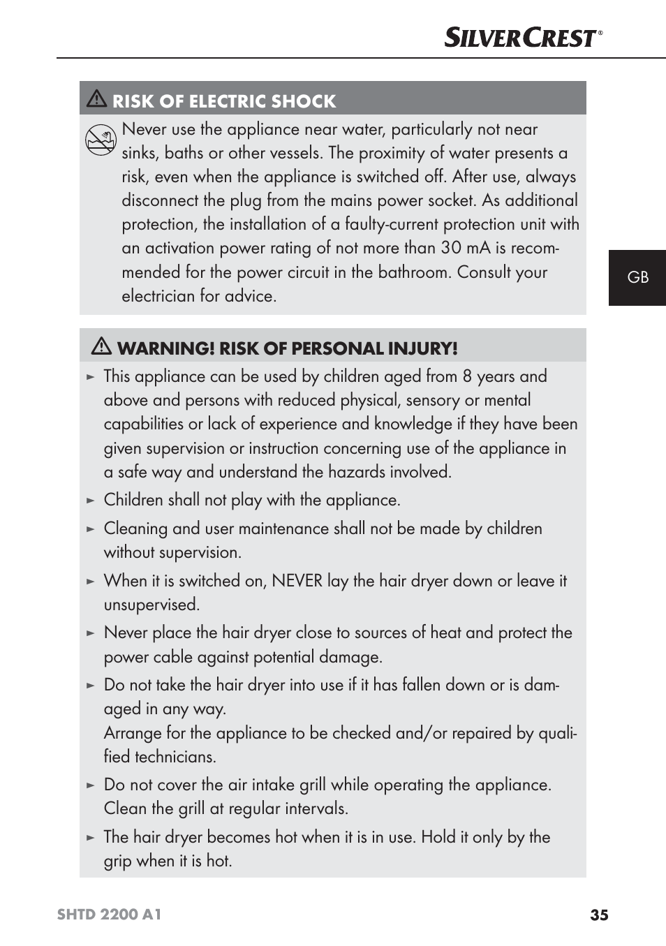 Children shall not play with the appliance | Silvercrest SHTD 2200 A1 User Manual | Page 38 / 44