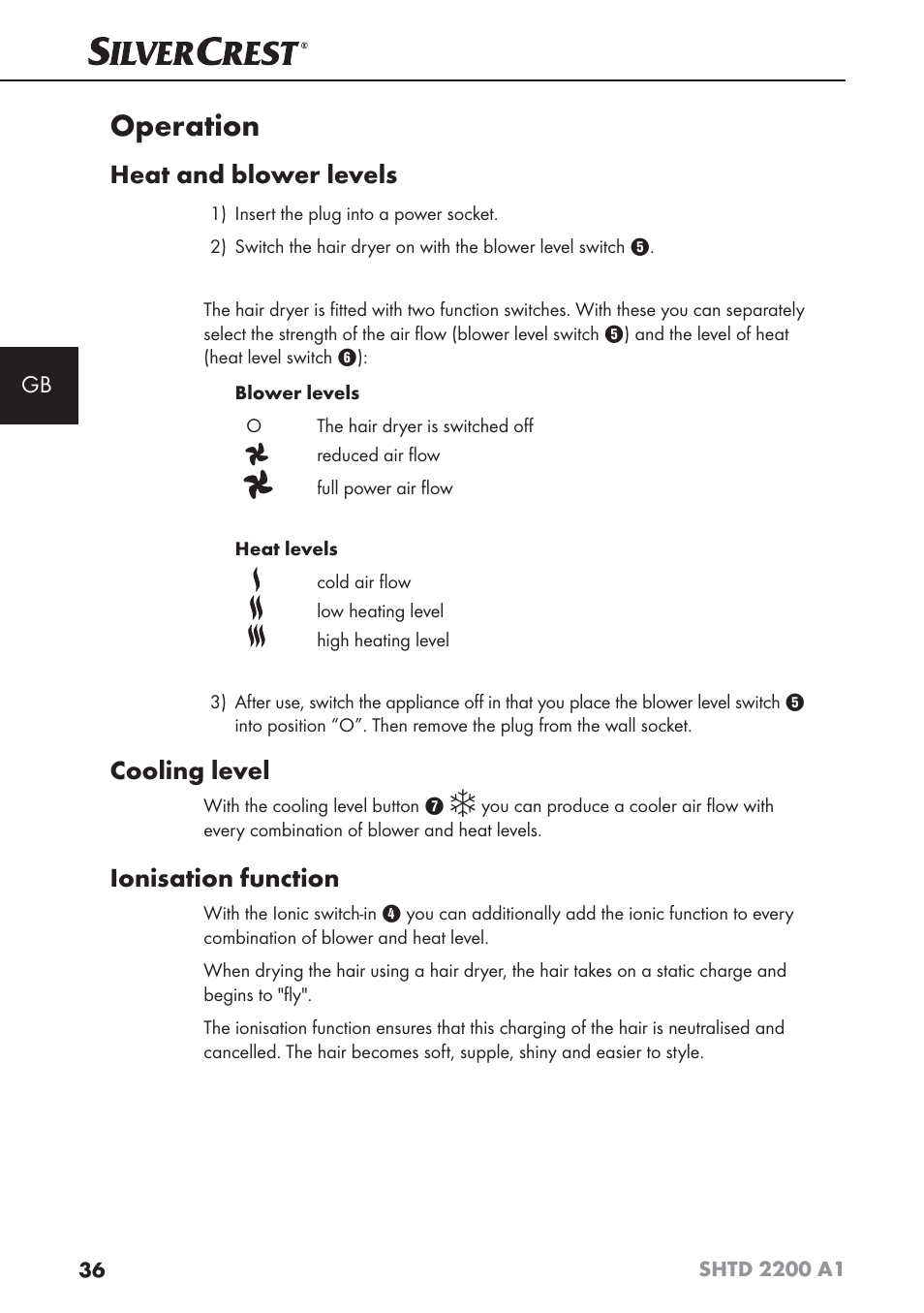 Operation, Heat and blower levels, Cooling level | Ionisation function | Silvercrest SHTD 2200 A1 User Manual | Page 39 / 44