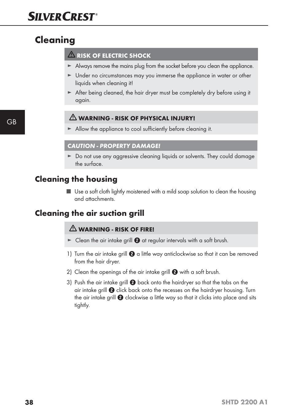 Cleaning, Cleaning the housing, Cleaning the air suction grill | Silvercrest SHTD 2200 A1 User Manual | Page 41 / 44