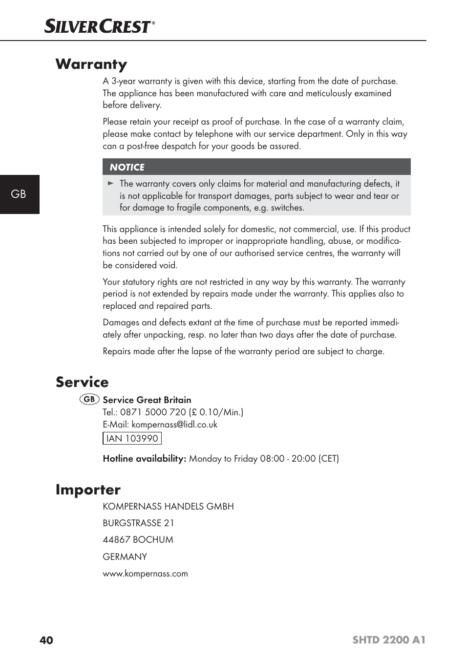 Warranty, Service, Importer | Silvercrest SHTD 2200 A1 User Manual | Page 43 / 44