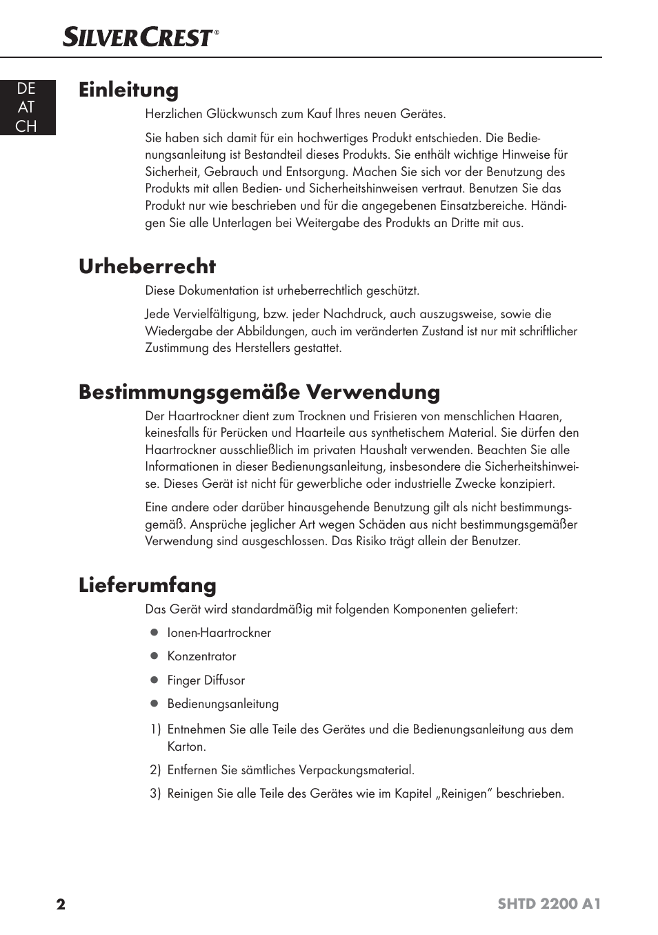 Einleitung, Urheberrecht, Bestimmungsgemäße verwendung | Lieferumfang | Silvercrest SHTD 2200 A1 User Manual | Page 5 / 44
