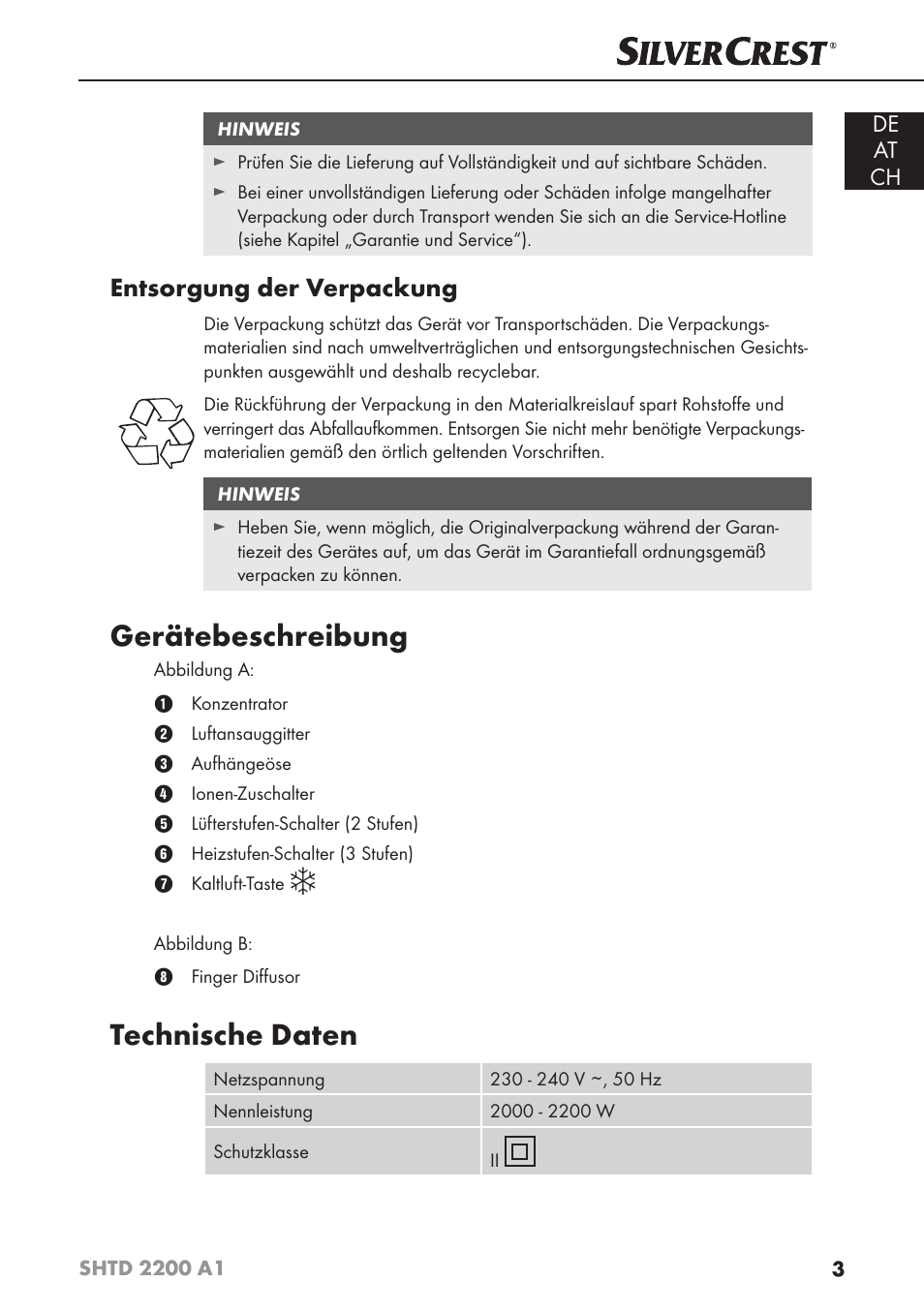 Gerätebeschreibung, Technische daten, Entsorgung der verpackung | Silvercrest SHTD 2200 A1 User Manual | Page 6 / 44