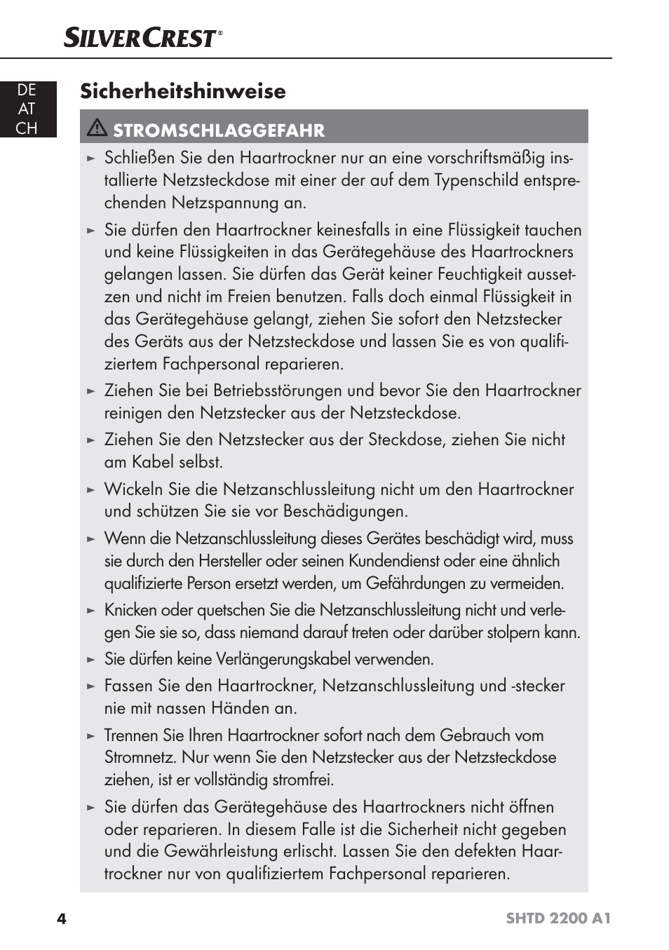 Sicherheitshinweise, Stromschlaggefahr, Sie dürfen keine verlängerungskabel verwenden | Silvercrest SHTD 2200 A1 User Manual | Page 7 / 44