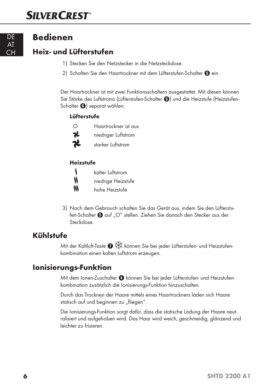 Bedienen, Heiz- und lüfterstufen, Kühlstufe | Ionisierungs-funktion | Silvercrest SHTD 2200 A1 User Manual | Page 9 / 44