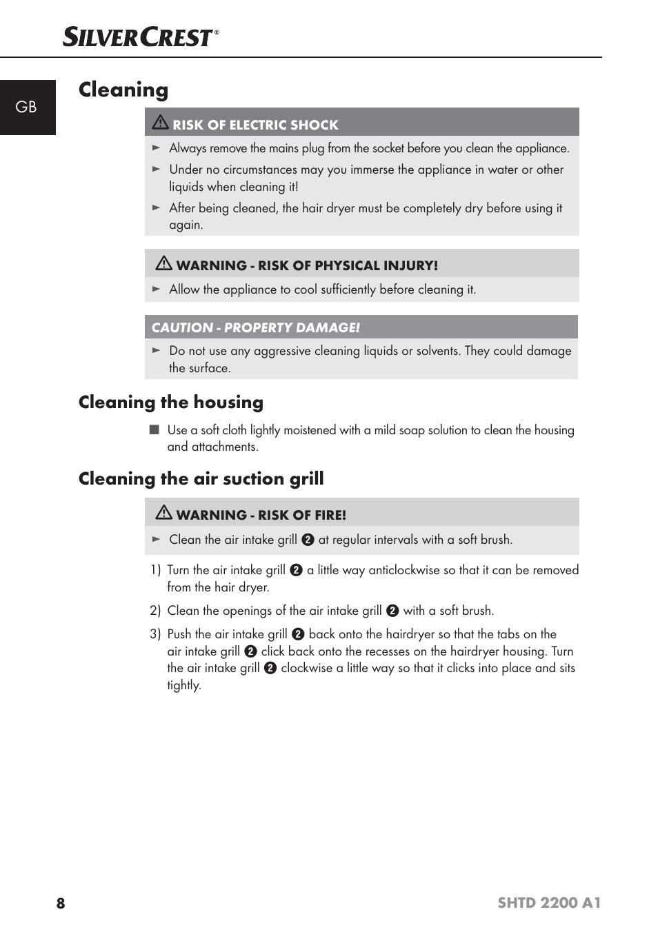 Cleaning, Cleaning the housing, Cleaning the air suction grill | Silvercrest SHTD 2200 A1 User Manual | Page 11 / 74