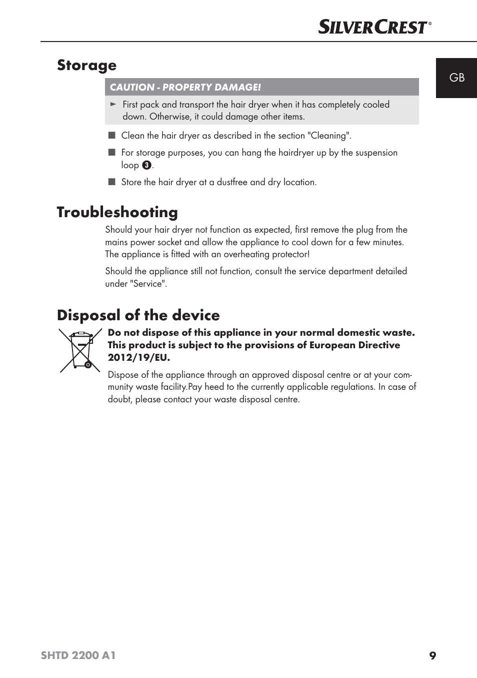 Storage, Troubleshooting, Disposal of the device | Silvercrest SHTD 2200 A1 User Manual | Page 12 / 74