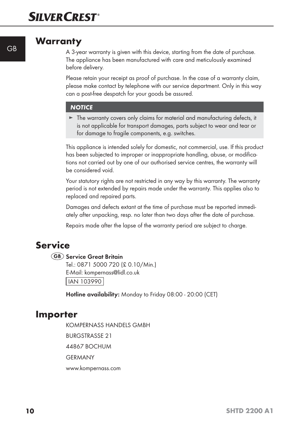 Warranty, Service, Importer | Silvercrest SHTD 2200 A1 User Manual | Page 13 / 74