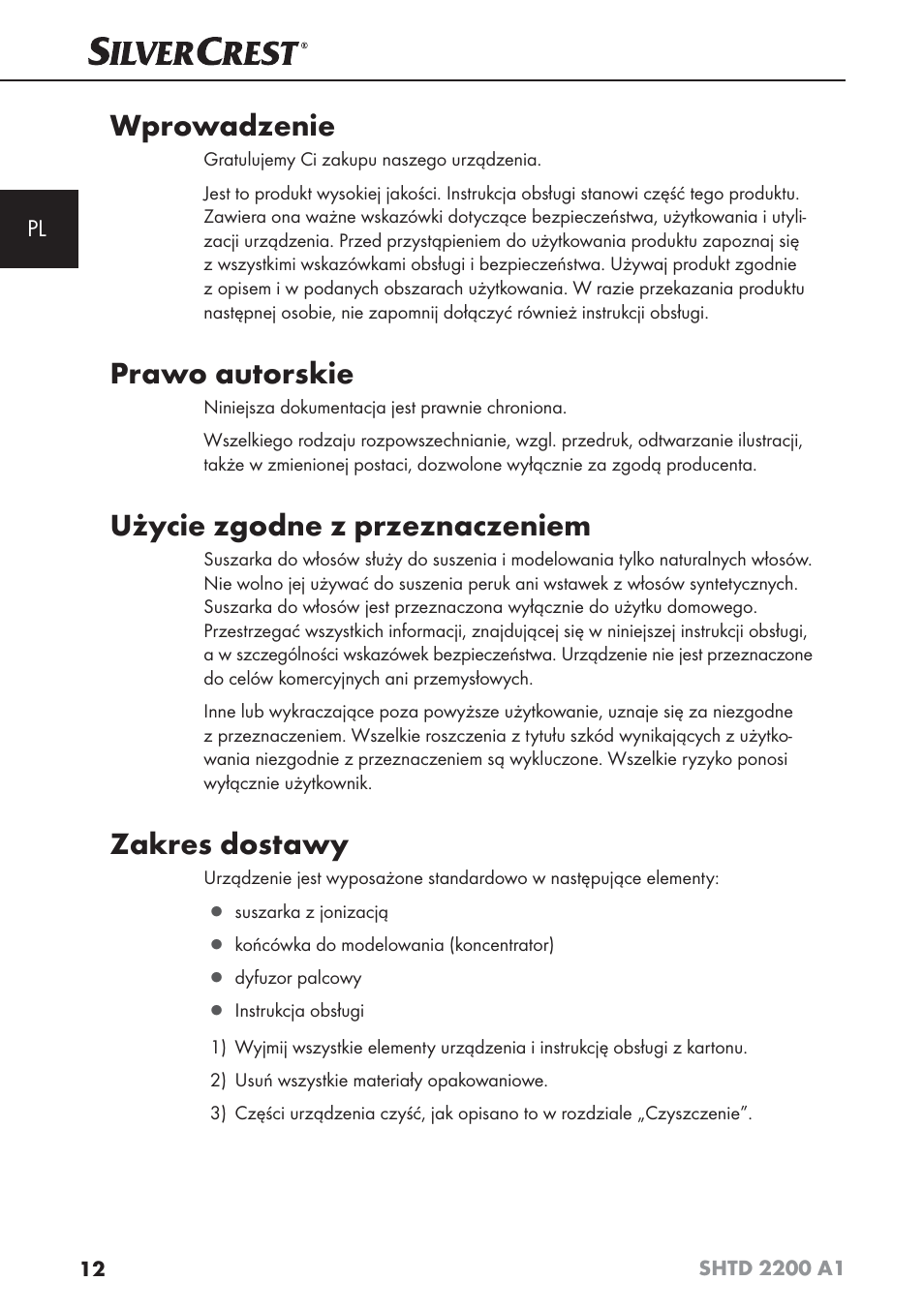 Wprowadzenie, Prawo autorskie, Użycie zgodne z przeznaczeniem | Zakres dostawy | Silvercrest SHTD 2200 A1 User Manual | Page 15 / 74