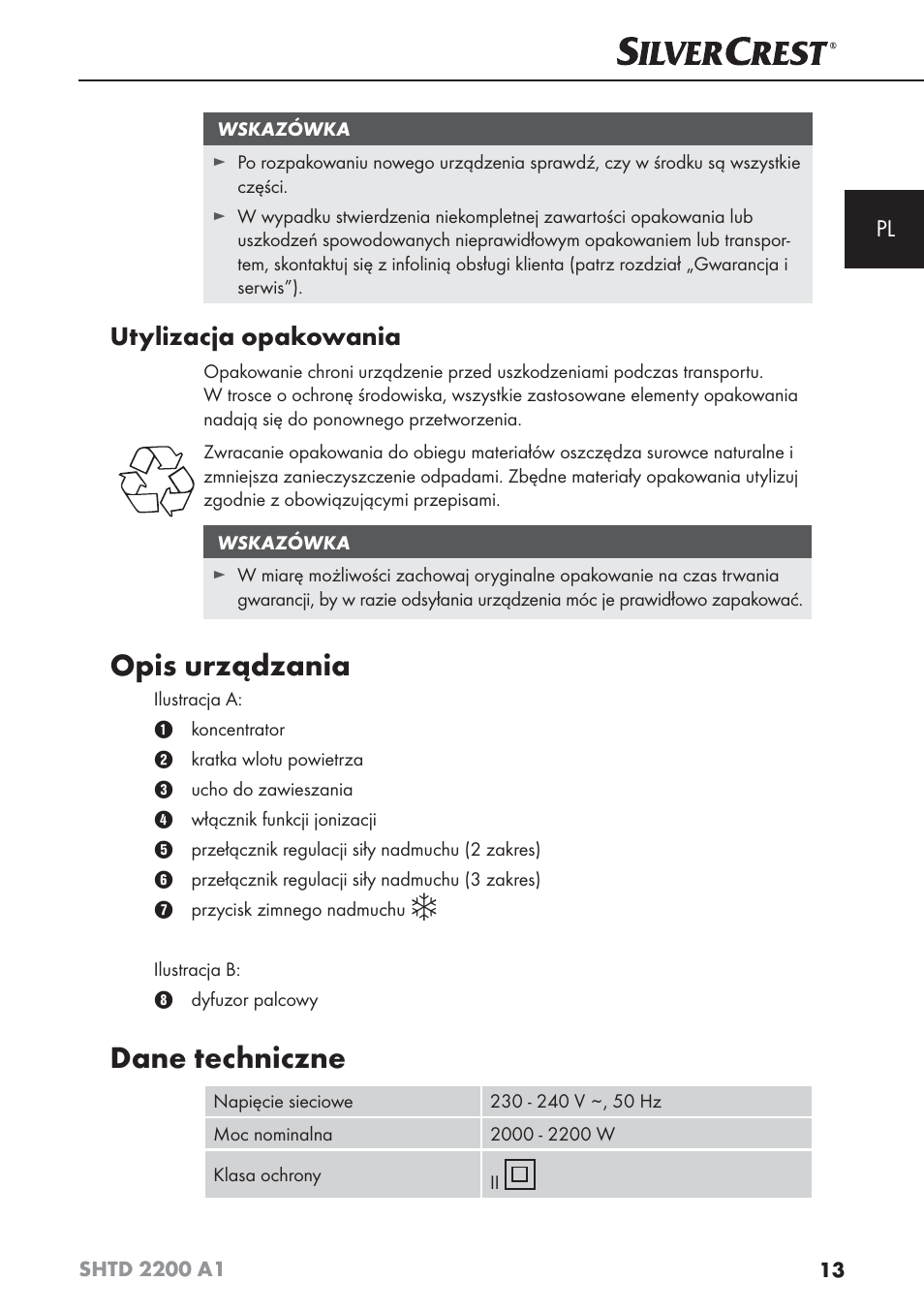 Opis urządzania, Dane techniczne, Utylizacja opakowania | Silvercrest SHTD 2200 A1 User Manual | Page 16 / 74