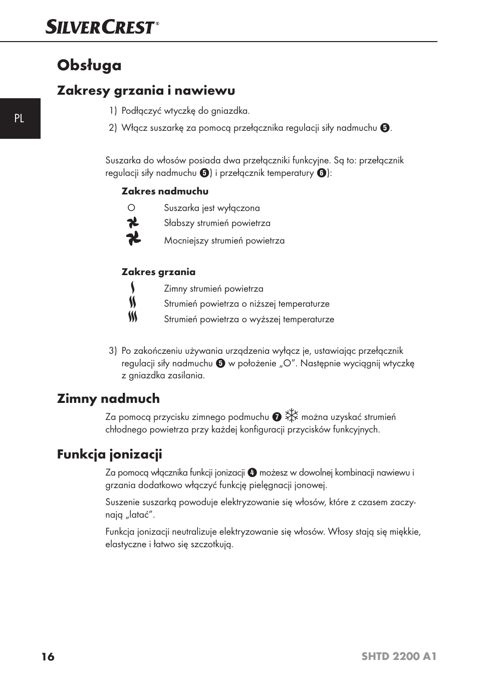 Obsługa, Zakresy grzania i nawiewu, Zimny nadmuch | Funkcja jonizacji | Silvercrest SHTD 2200 A1 User Manual | Page 19 / 74