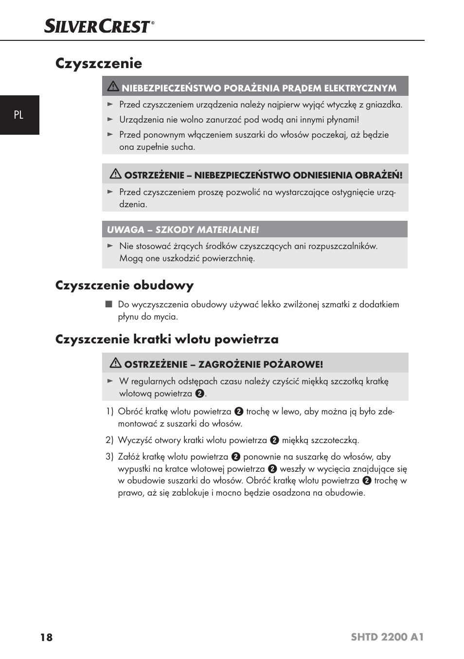 Czyszczenie, Czyszczenie obudowy, Czyszczenie kratki wlotu powietrza | Silvercrest SHTD 2200 A1 User Manual | Page 21 / 74