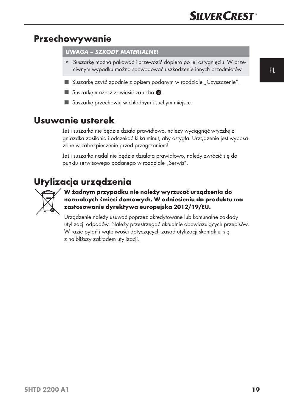 Przechowywanie, Usuwanie usterek, Utylizacja urządzenia | Silvercrest SHTD 2200 A1 User Manual | Page 22 / 74