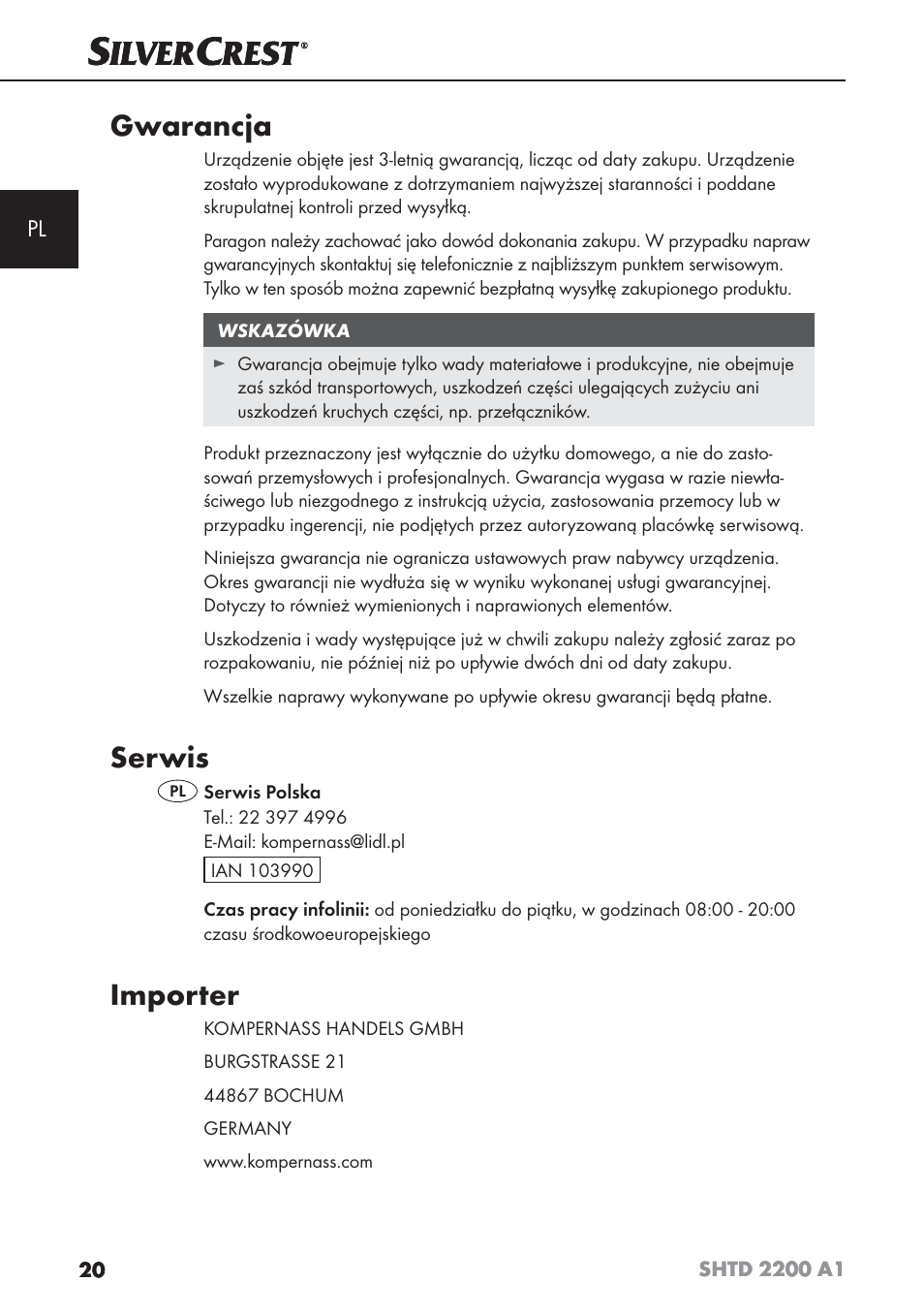 Gwarancja, Serwis, Importer | Silvercrest SHTD 2200 A1 User Manual | Page 23 / 74