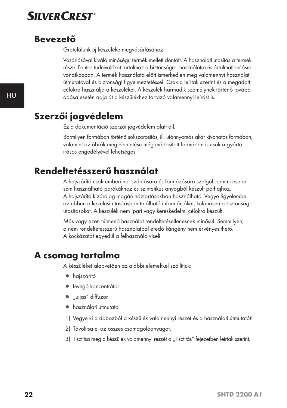 Bevezető, Szerzői jogvédelem, Rendeltetésszerű használat | A csomag tartalma | Silvercrest SHTD 2200 A1 User Manual | Page 25 / 74