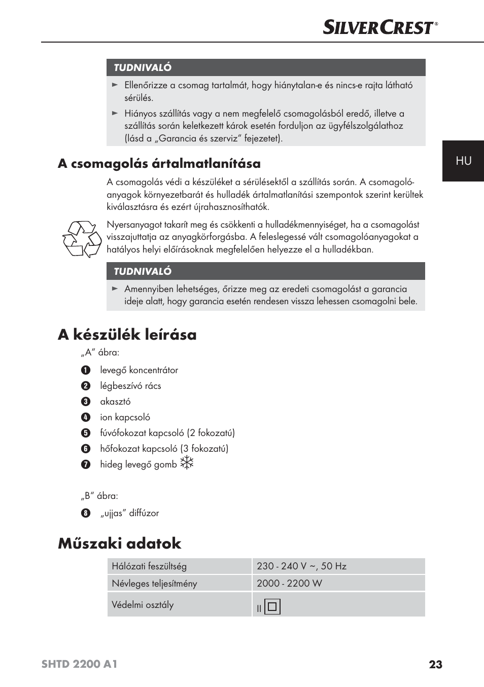 A készülék leírása, Műszaki adatok, A csomagolás ártalmatlanítása | Silvercrest SHTD 2200 A1 User Manual | Page 26 / 74