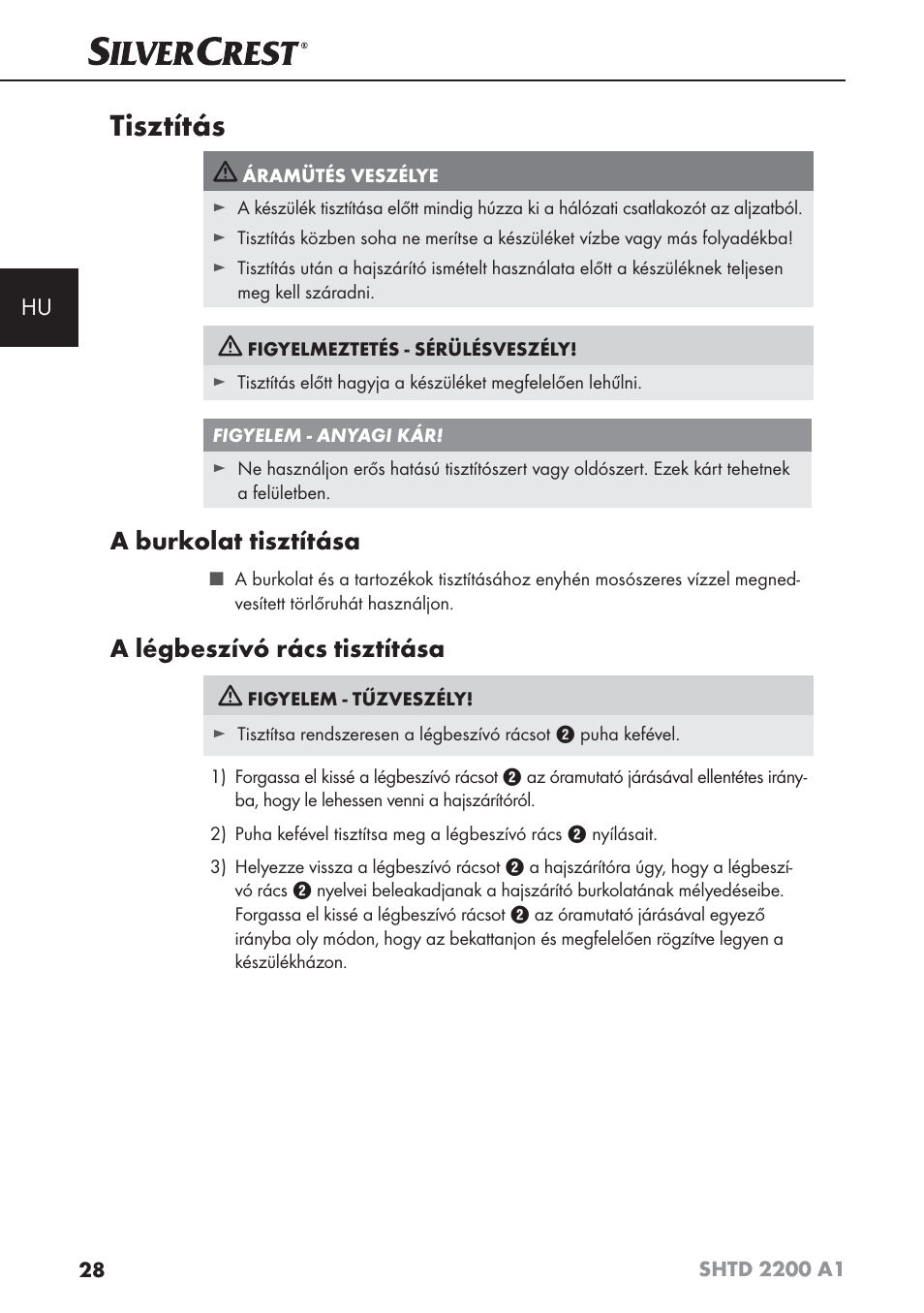 Tisztítás, A burkolat tisztítása, A légbeszívó rács tisztítása | Silvercrest SHTD 2200 A1 User Manual | Page 31 / 74