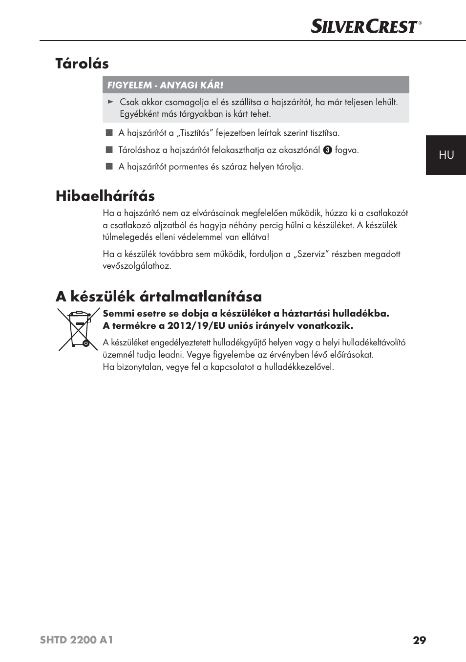Tárolás, Hibaelhárítás, A készülék ártalmatlanítása | Silvercrest SHTD 2200 A1 User Manual | Page 32 / 74