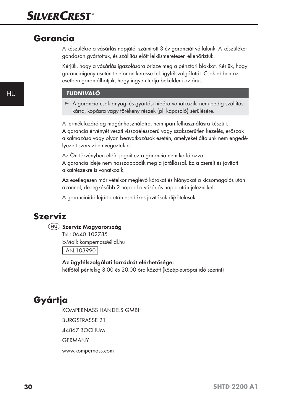 Garancia, Szerviz, Gyártja | Silvercrest SHTD 2200 A1 User Manual | Page 33 / 74