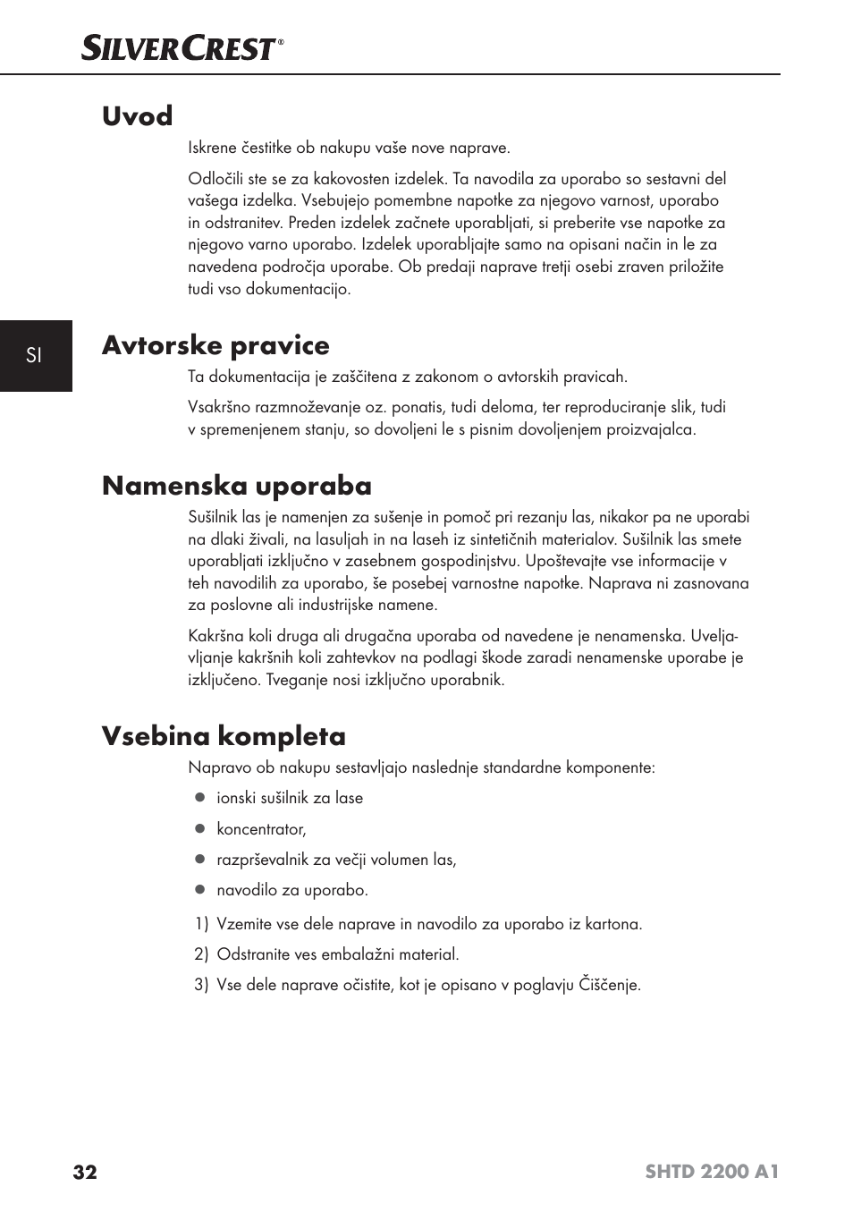 Uvod, Avtorske pravice, Namenska uporaba | Vsebina kompleta | Silvercrest SHTD 2200 A1 User Manual | Page 35 / 74