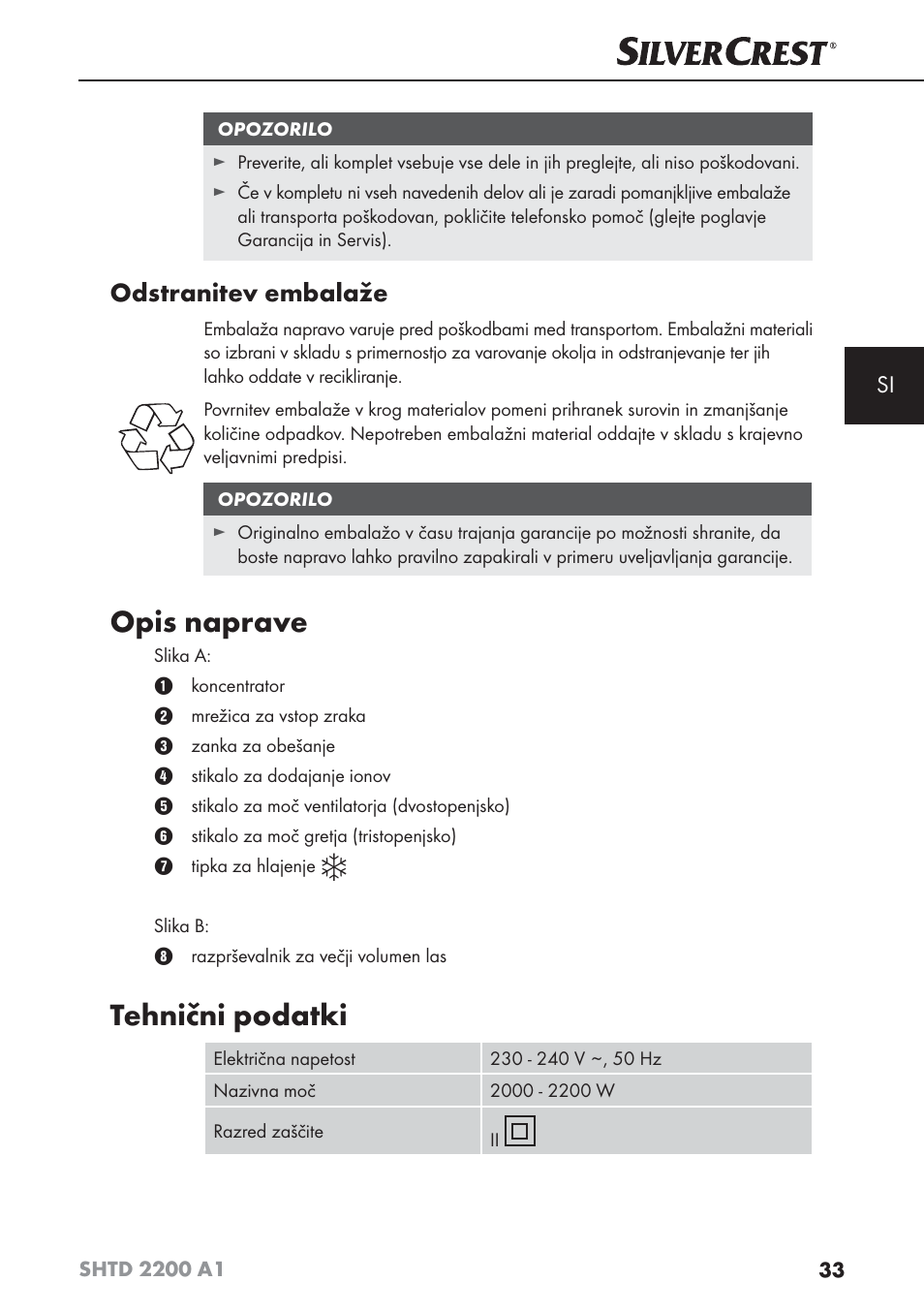 Opis naprave, Tehnični podatki, Odstranitev embalaže | Silvercrest SHTD 2200 A1 User Manual | Page 36 / 74