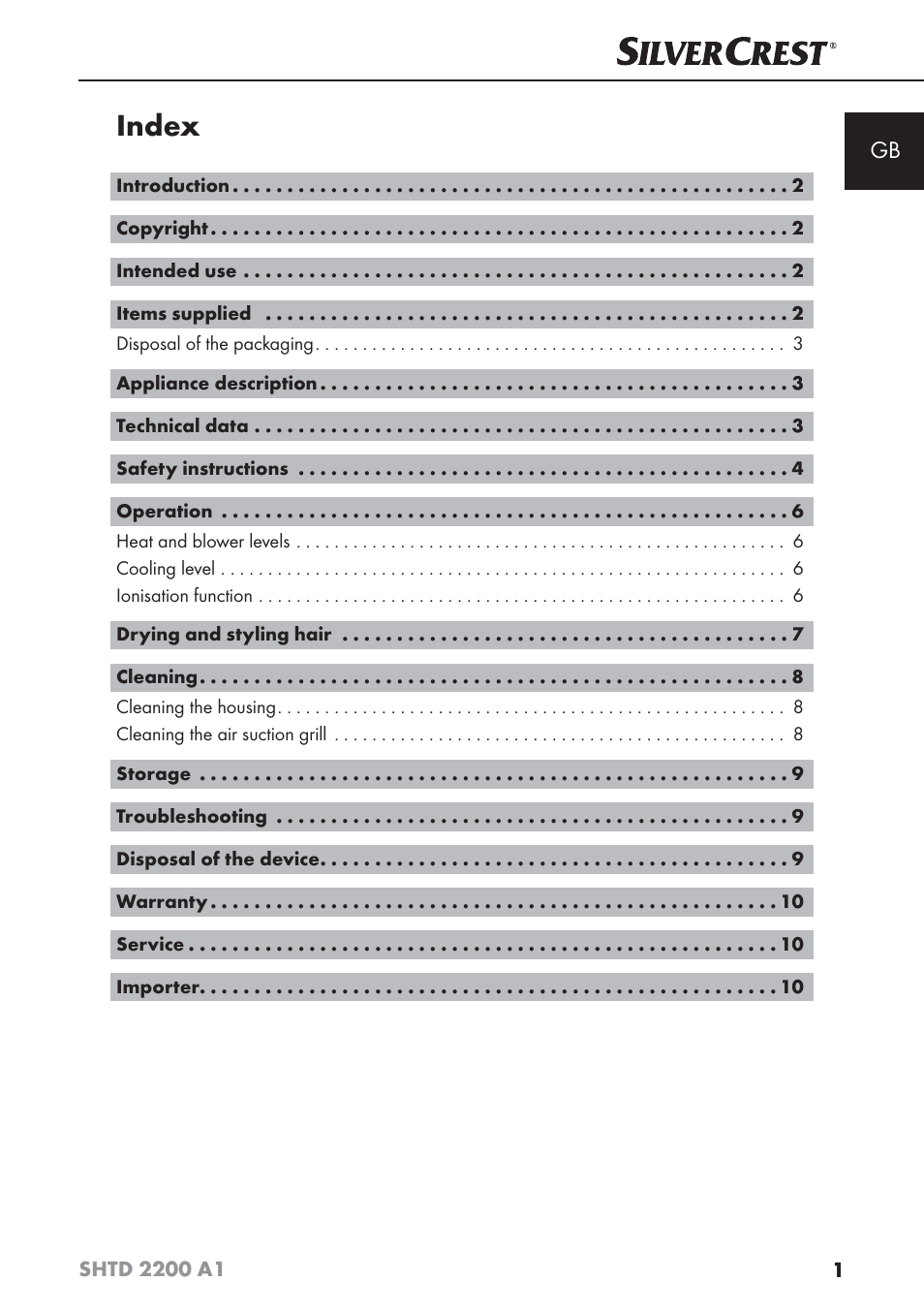 Index | Silvercrest SHTD 2200 A1 User Manual | Page 4 / 74