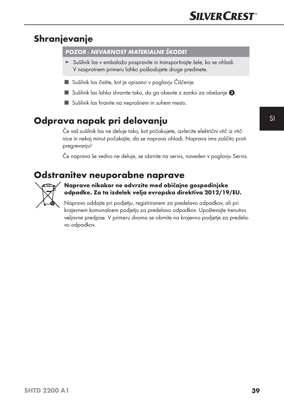 Shranjevanje, Odprava napak pri delovanju, Odstranitev neuporabne naprave | Silvercrest SHTD 2200 A1 User Manual | Page 42 / 74