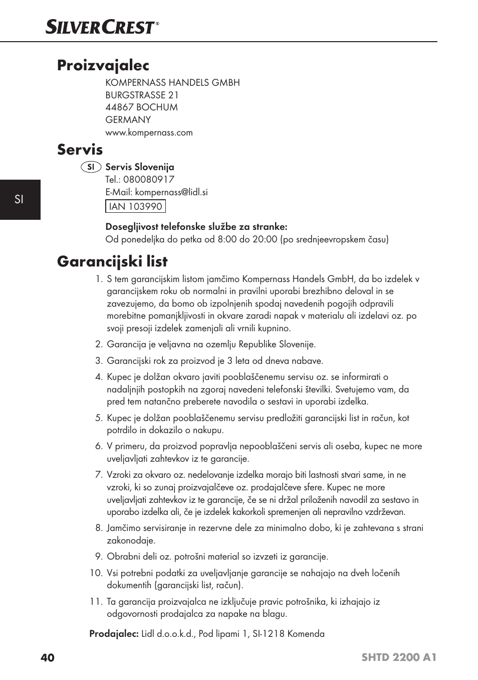 Proizvajalec, Servis, Garancijski list | Silvercrest SHTD 2200 A1 User Manual | Page 43 / 74