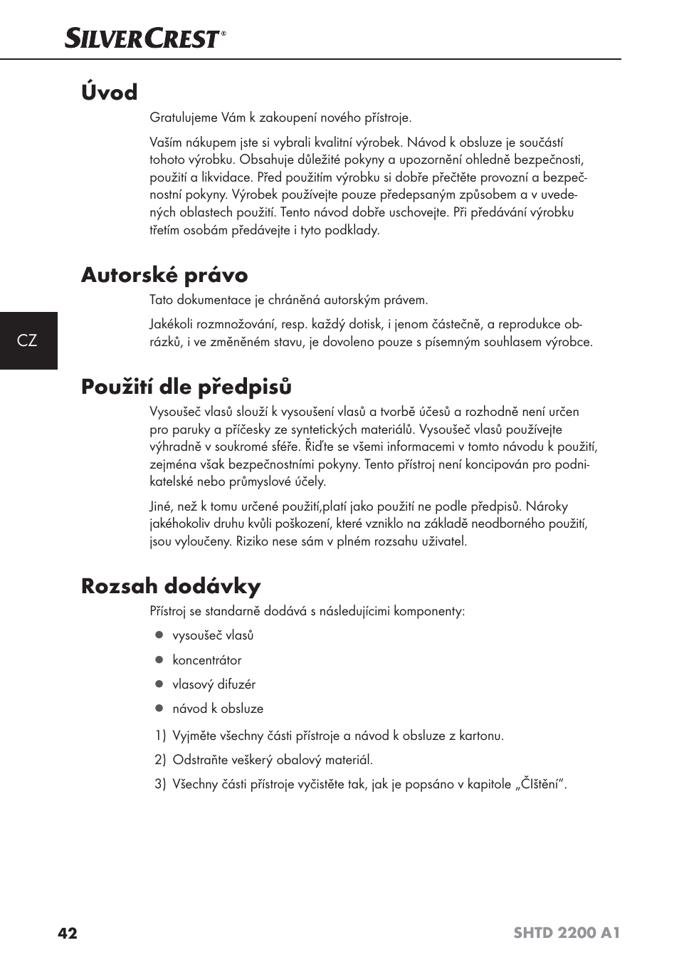 Úvod, Autorské právo, Použití dle předpisů | Rozsah dodávky | Silvercrest SHTD 2200 A1 User Manual | Page 45 / 74