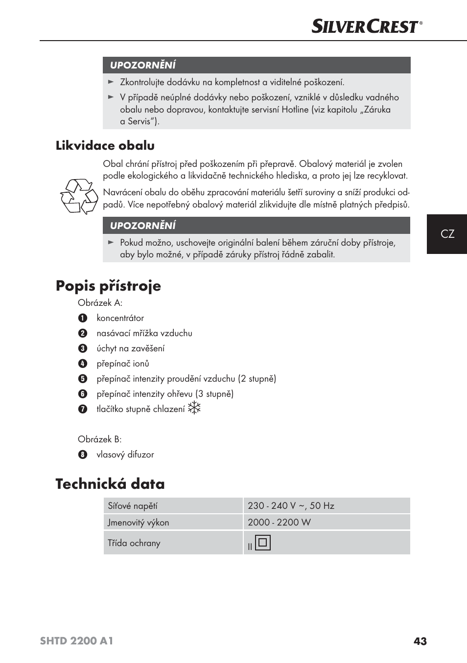 Popis přístroje, Technická data, Likvidace obalu | Silvercrest SHTD 2200 A1 User Manual | Page 46 / 74