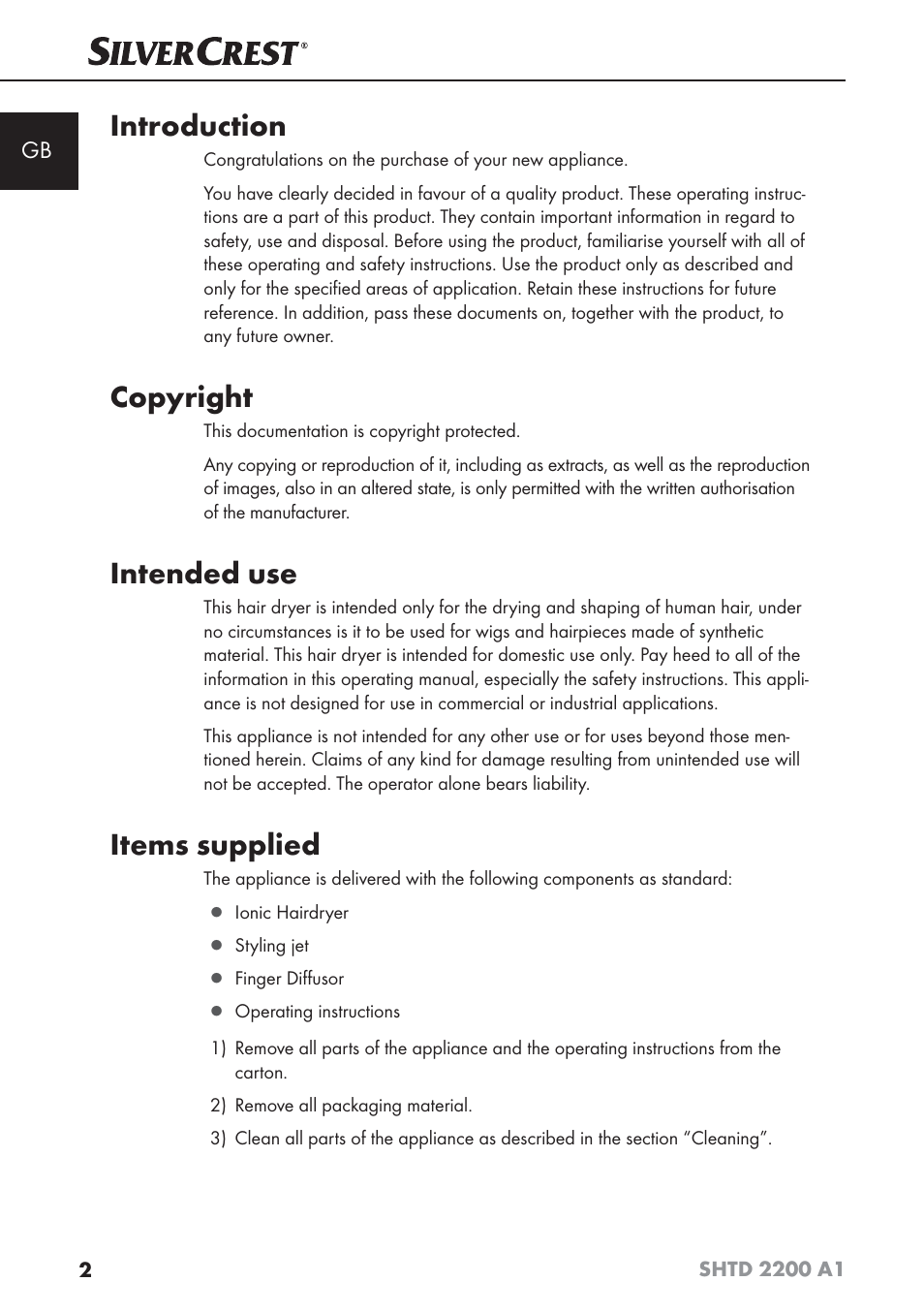 Introduction, Copyright, Intended use | Items supplied | Silvercrest SHTD 2200 A1 User Manual | Page 5 / 74