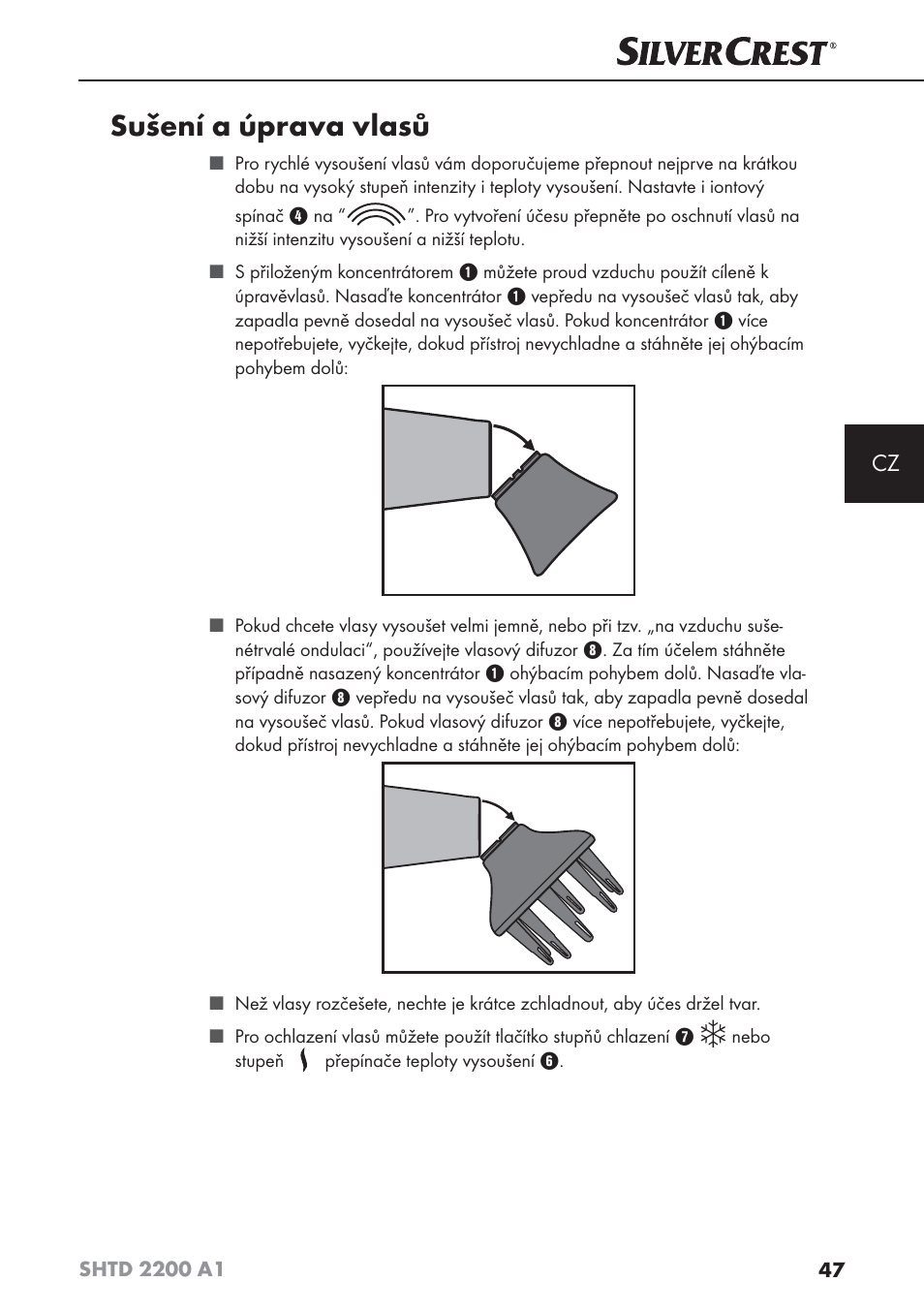Sušení a úprava vlasů | Silvercrest SHTD 2200 A1 User Manual | Page 50 / 74