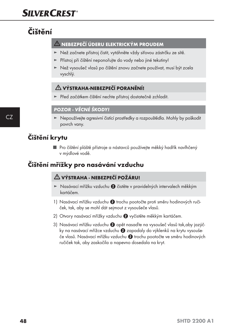 Čištění, Čištění krytu, Čištění mřížky pro nasávání vzduchu | Silvercrest SHTD 2200 A1 User Manual | Page 51 / 74
