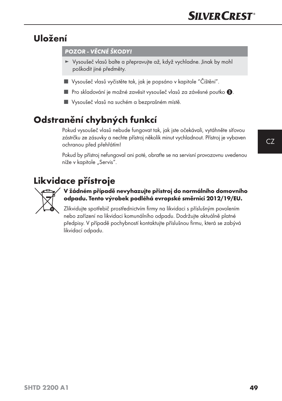 Uložení, Odstranění chybných funkcí, Likvidace přístroje | Silvercrest SHTD 2200 A1 User Manual | Page 52 / 74